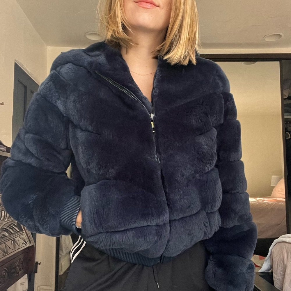 Navy Rabbit Fur Bomber Jacket